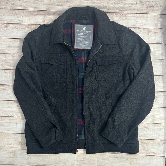 American Eagle Wool Blend Jacket Mens XL Gray Zip Up Plaid Lined Outerwear - Picture 1 of 15